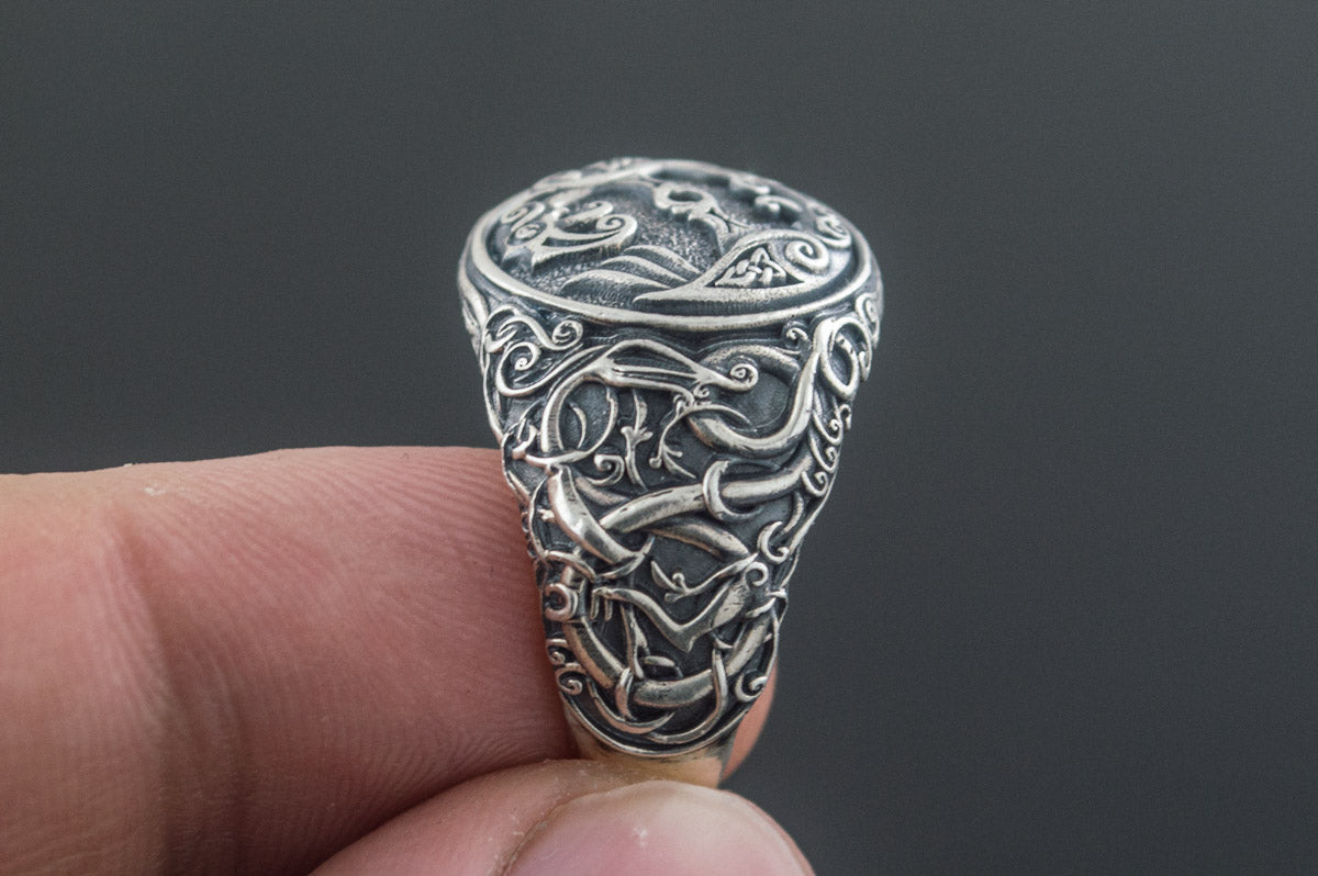 Bague Odin et Corbeau Style Urnes — Argent 925