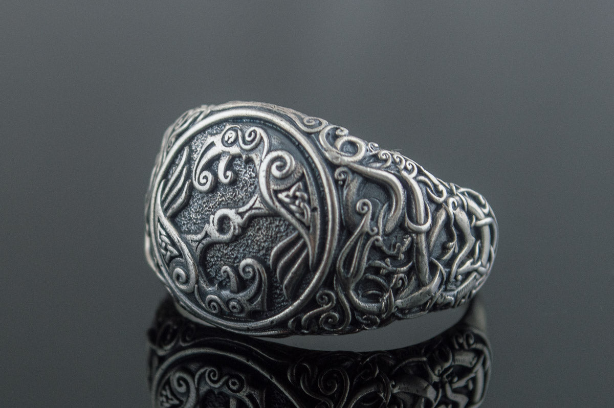 Bague Odin et Corbeau Style Urnes — Argent 925