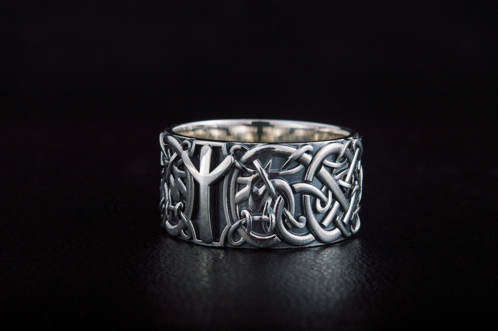 Bague Ornement et Algiz Rune — Argent 925