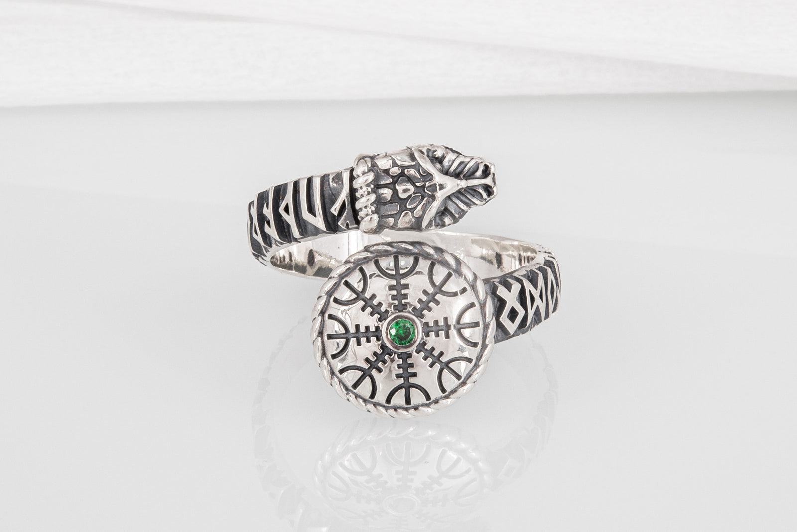 Bague Serpent et Vegvisir pierre verte — Argent 925