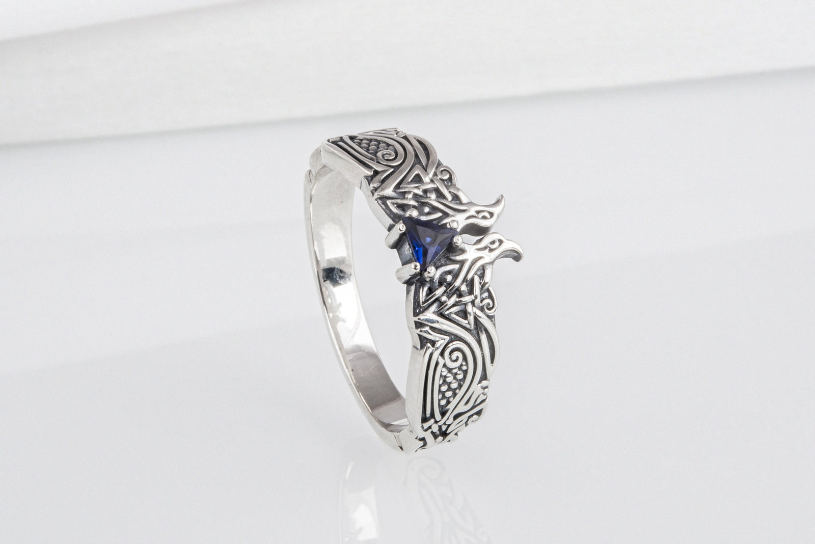 Bague Corbeaux et Ornement pierre bleue — Argent 925