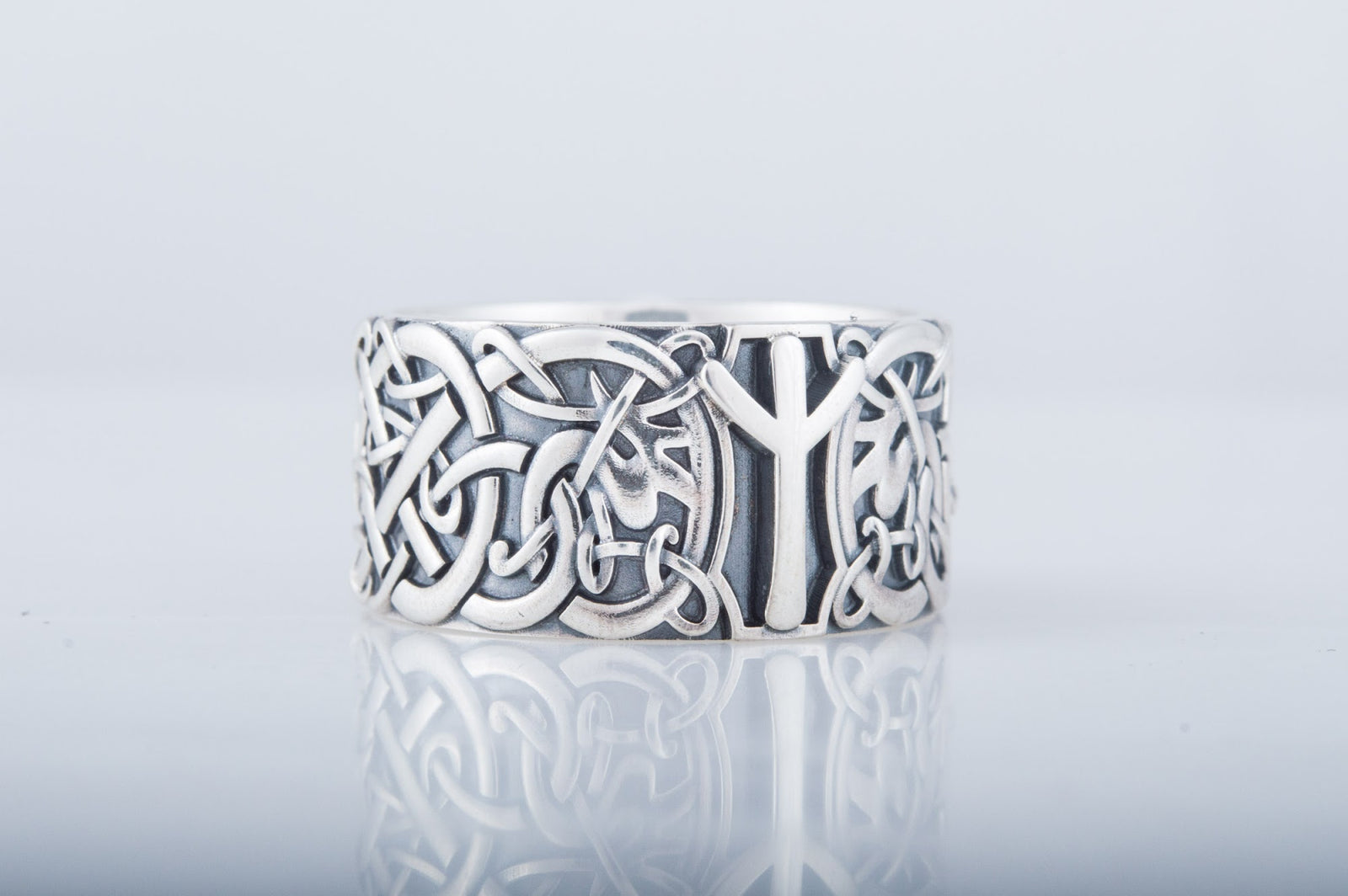 Bague Ornement et Algiz Rune — Argent 925
