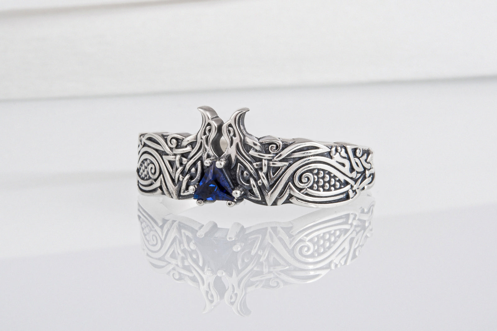 Bague Corbeaux et Ornement pierre bleue — Argent 925