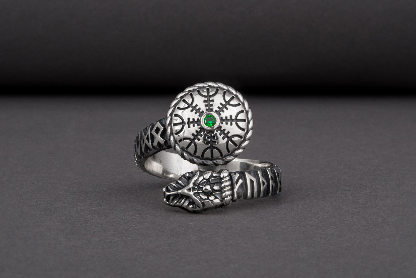 Bague Serpent et Vegvisir pierre verte — Argent 925