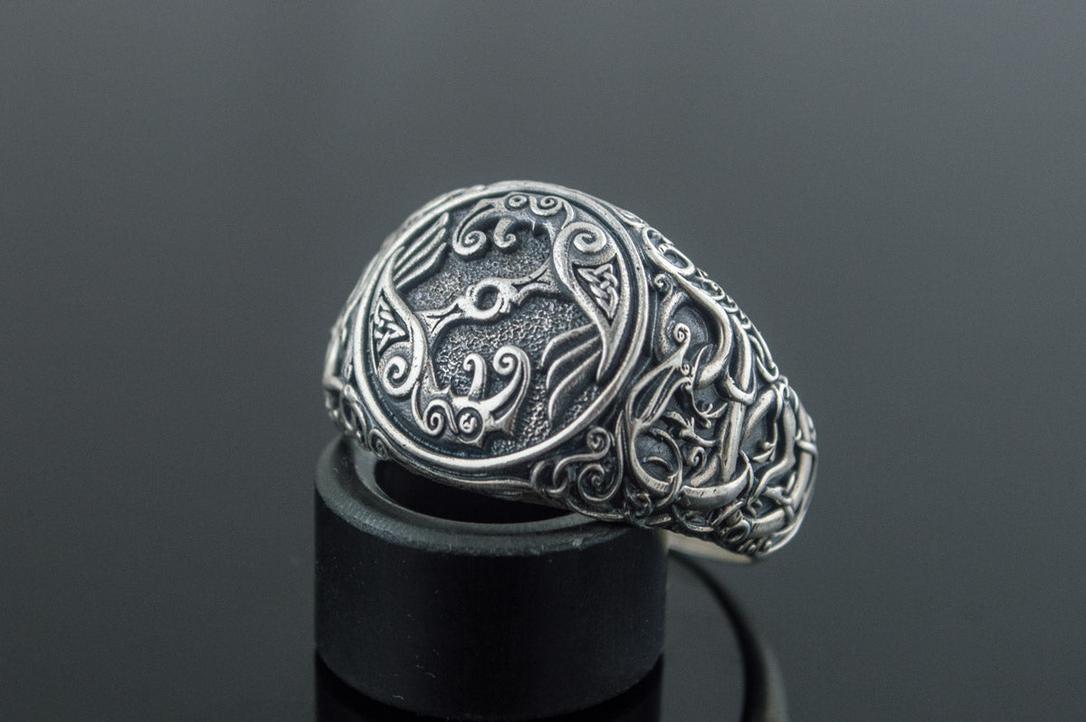 Bague Odin et Corbeau Style Urnes — Argent 925