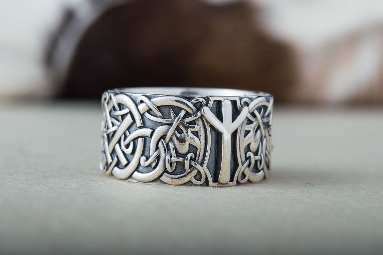 Bague Ornement et Algiz Rune — Argent 925