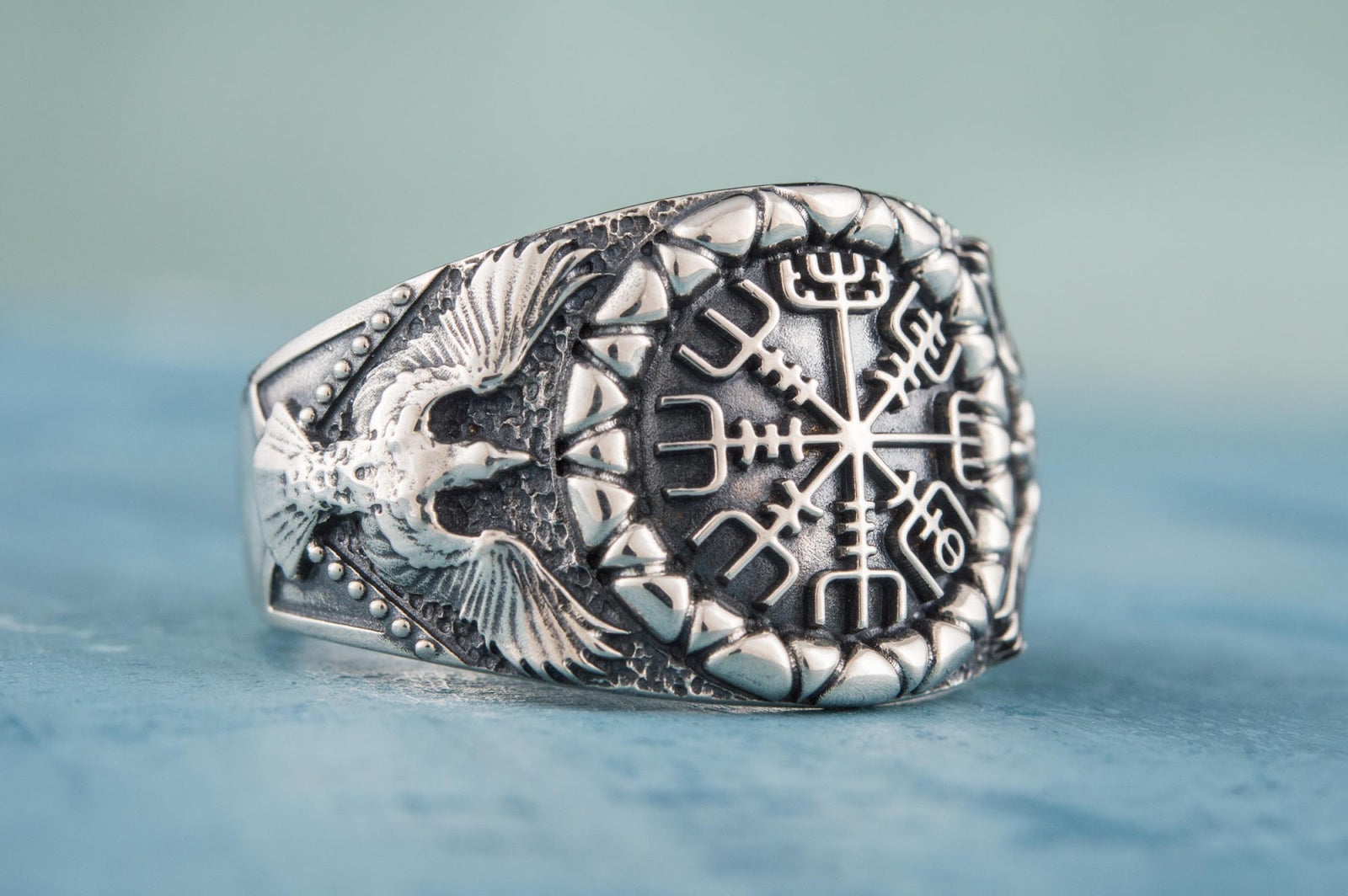Bague Vegvisir et Corbeau — Argent 925