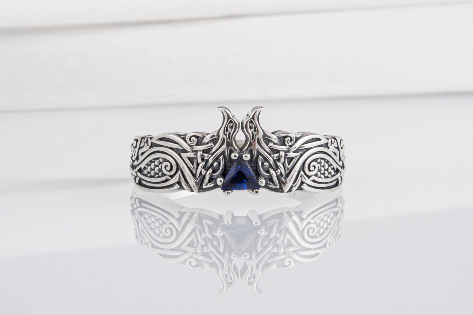 Bague Corbeaux et Ornement pierre bleue — Argent 925