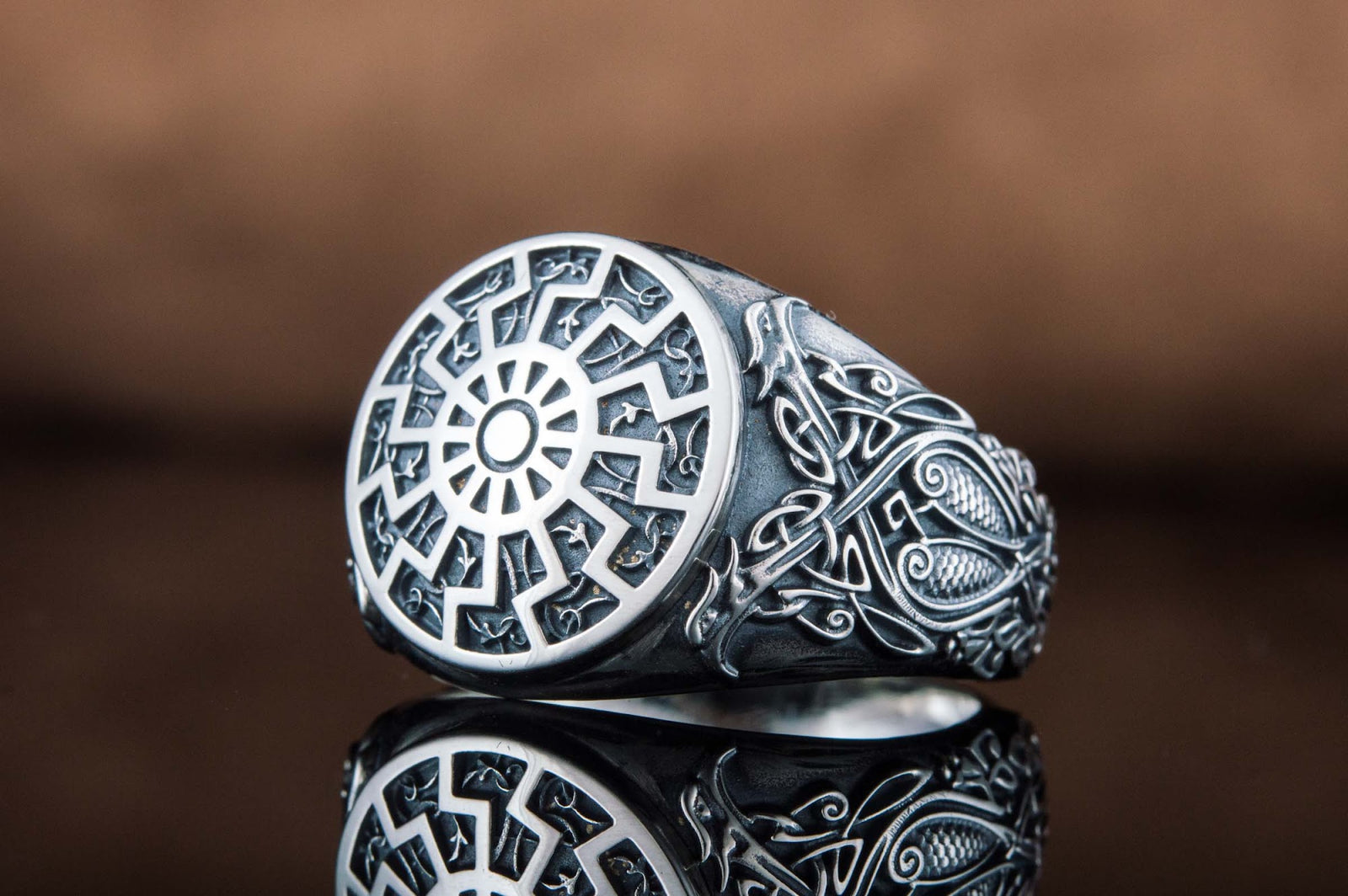 Bague Soleil Noir et Ornement — Argent 925