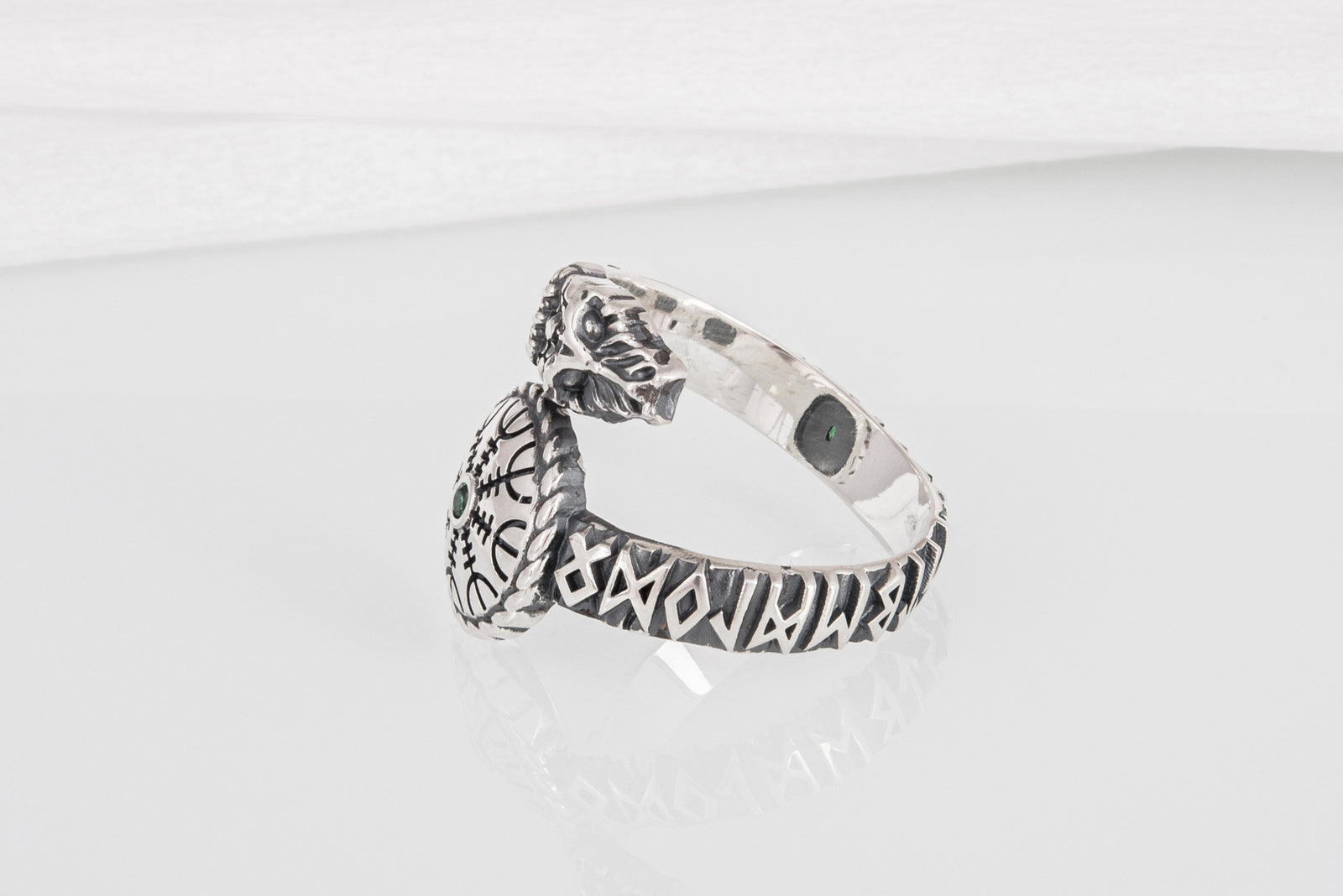 Bague Serpent et Vegvisir pierre verte — Argent 925