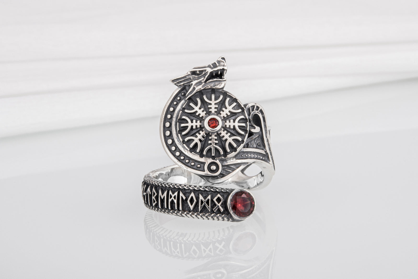 Bague Vegvisir et Loup pierre rouge — Argent 925