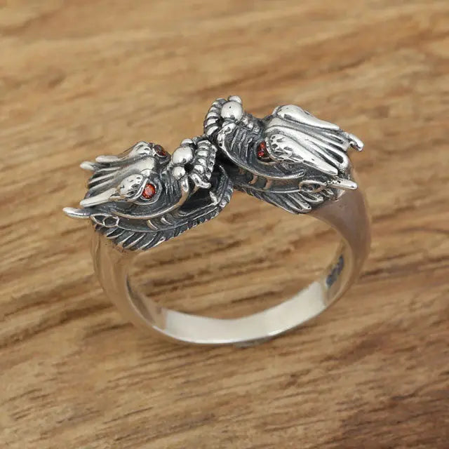 BAGUE DOUBLE TÊTE DE DRAGON (ARGENT) - Viking Héritage