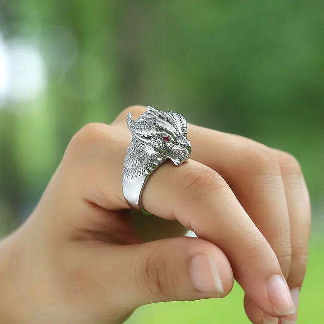 BAGUE TÊTE DU DRAGON OUROBOROS (ACIER) - Viking Héritage