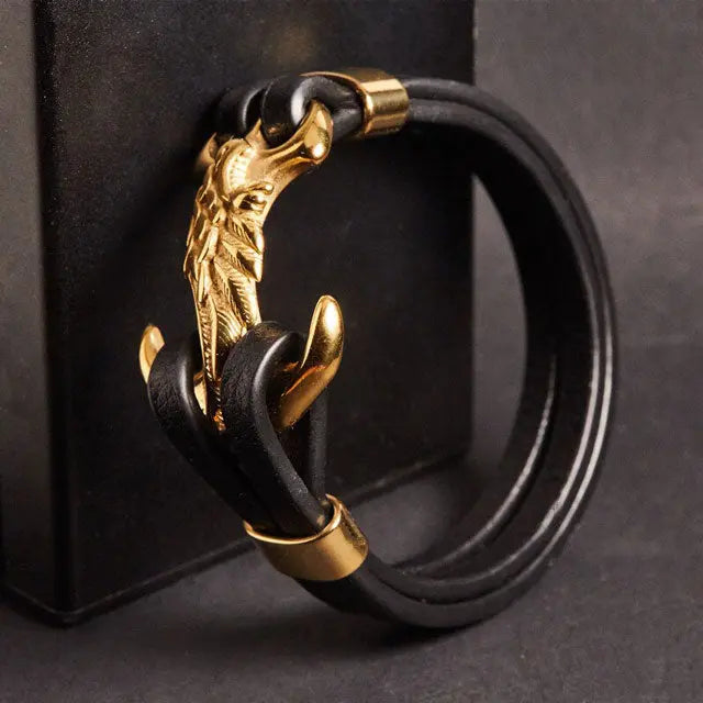 BRACELET LOUP ANCRE MARINE (CUIR) - Viking Héritage