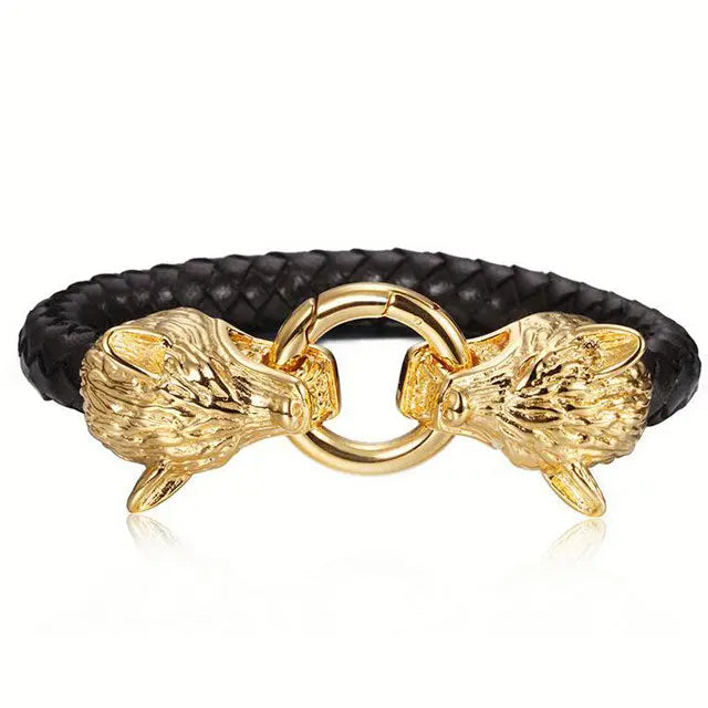 BRACELET LOUP GERI ET FREKI - CUIR ET OR - Viking Héritage