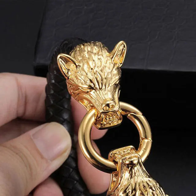 BRACELET LOUP GERI ET FREKI - CUIR ET OR - Viking Héritage