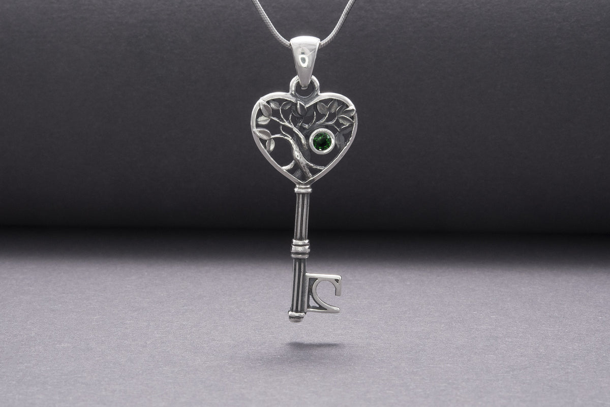 Pendentif Yggdrasil et Arbre pierre verte — Argent 925