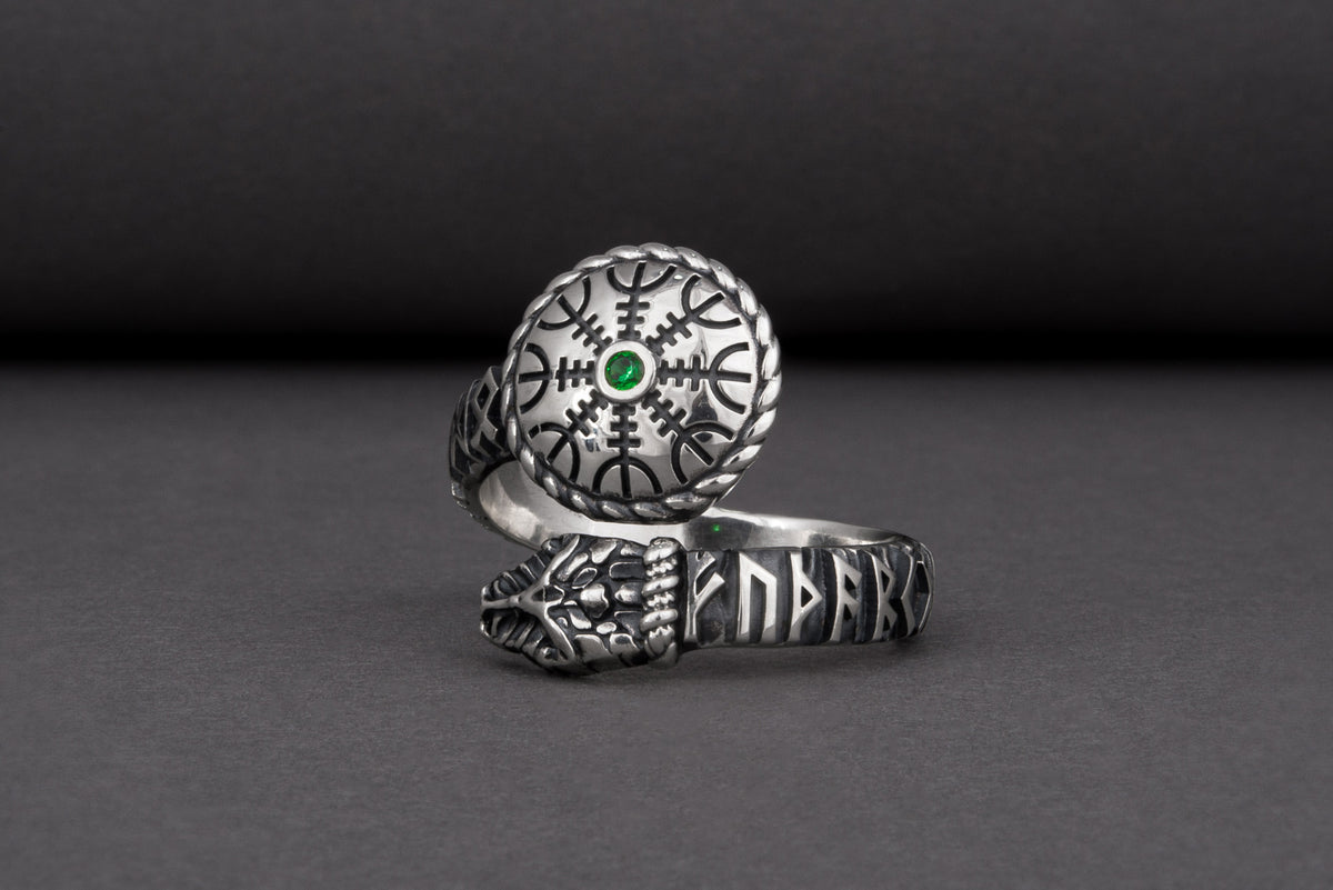Bague Serpent et Vegvisir pierre verte — Argent 925