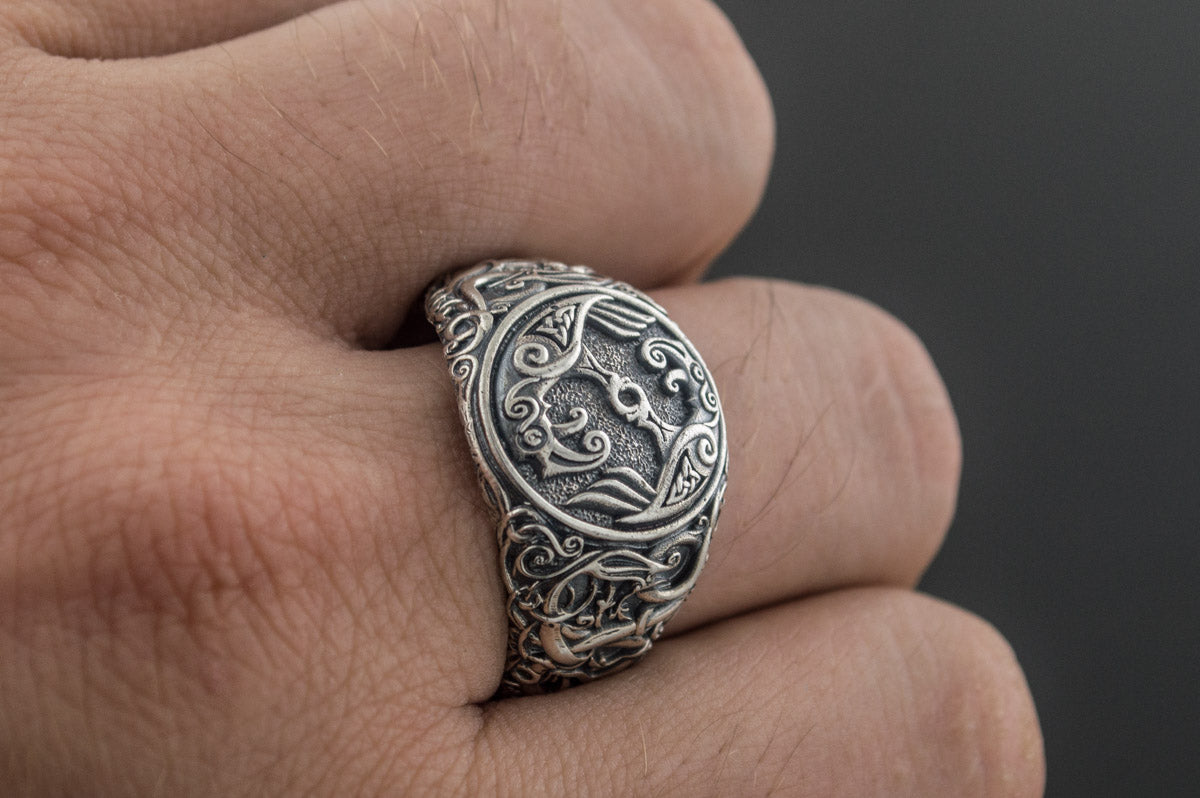 Bague Odin et Corbeau Style Urnes — Argent 925