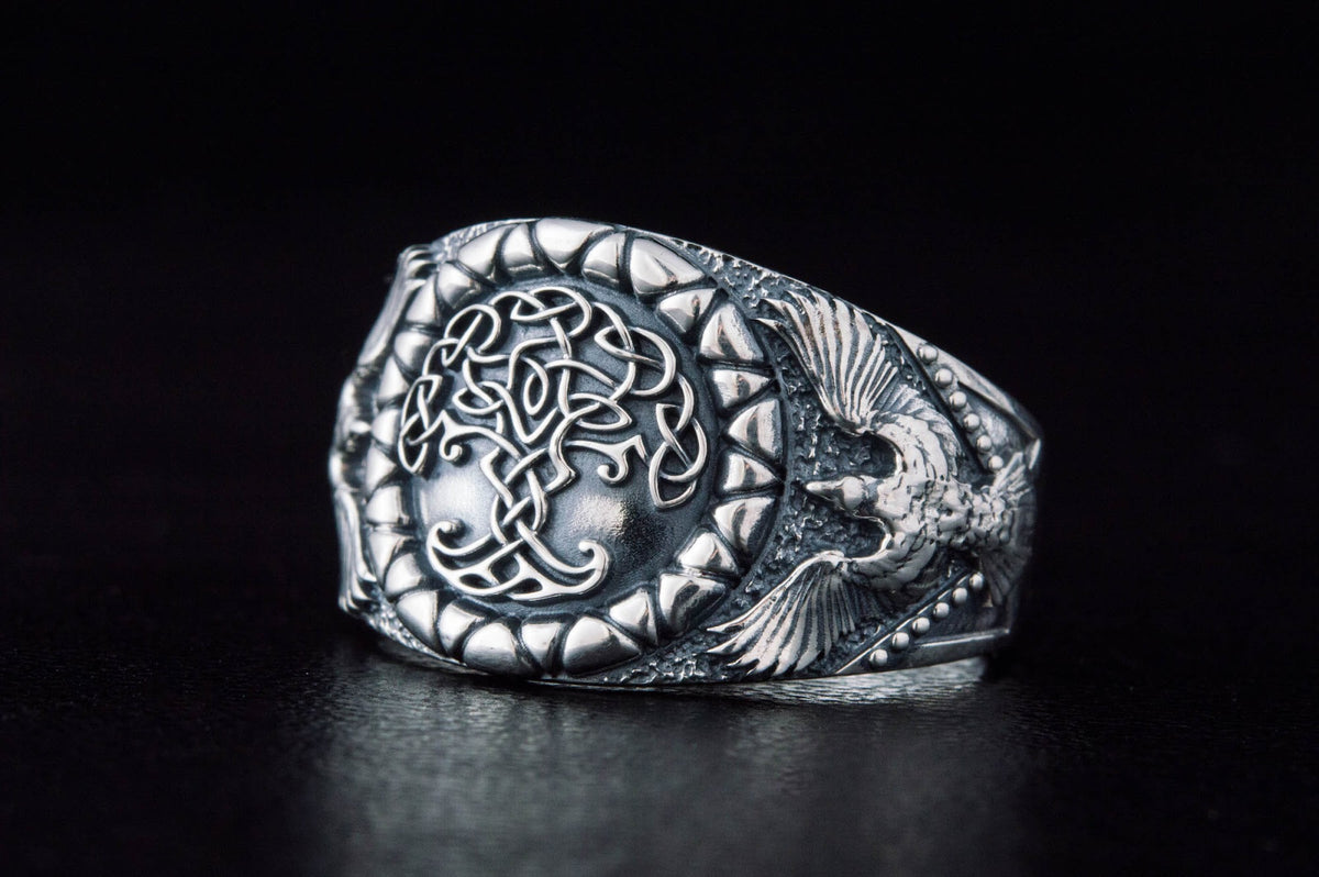 Bague Yggdrasil et Corbeau — Argent 925