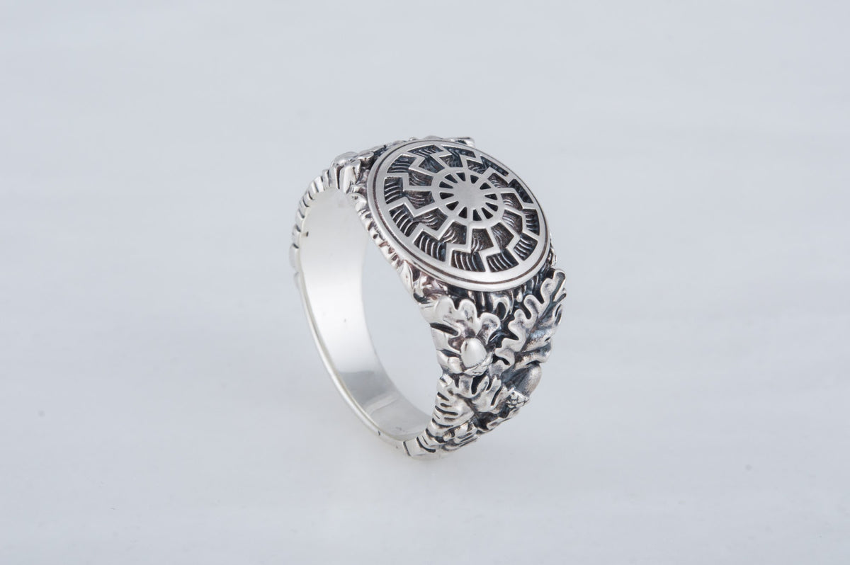 Bague Soleil Noir et Feuilles de Chêne Ivar — Argent 925