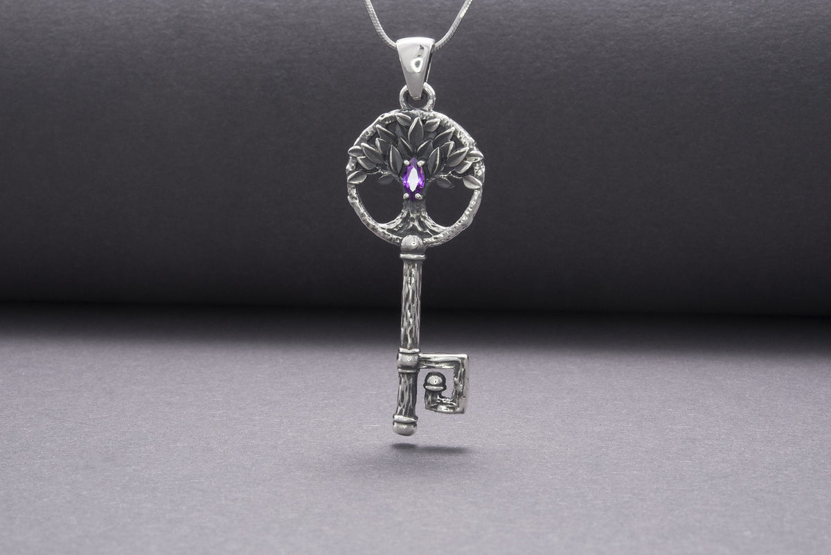 Pendentif Clé et Yggdrasil serti de pierres — Argent 925