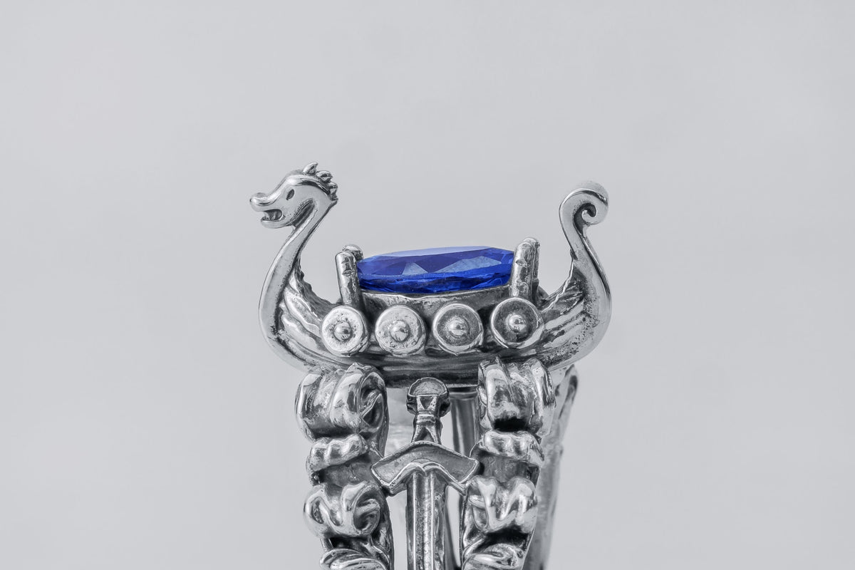 Bague Viking pierre bleue — Argent 925