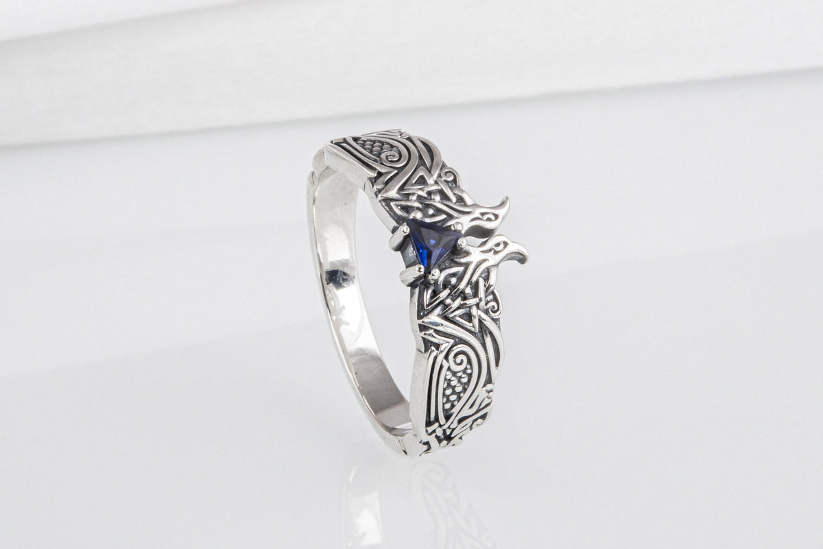 Bague Corbeaux et Ornement pierre bleue — Argent 925