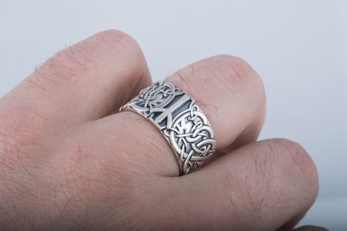 Bague Ornement et Algiz Rune — Argent 925