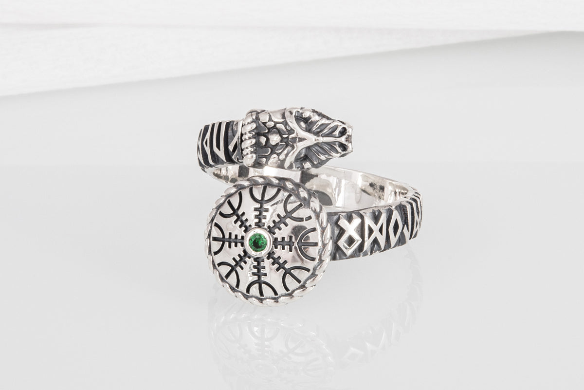 Bague Serpent et Vegvisir pierre verte — Argent 925