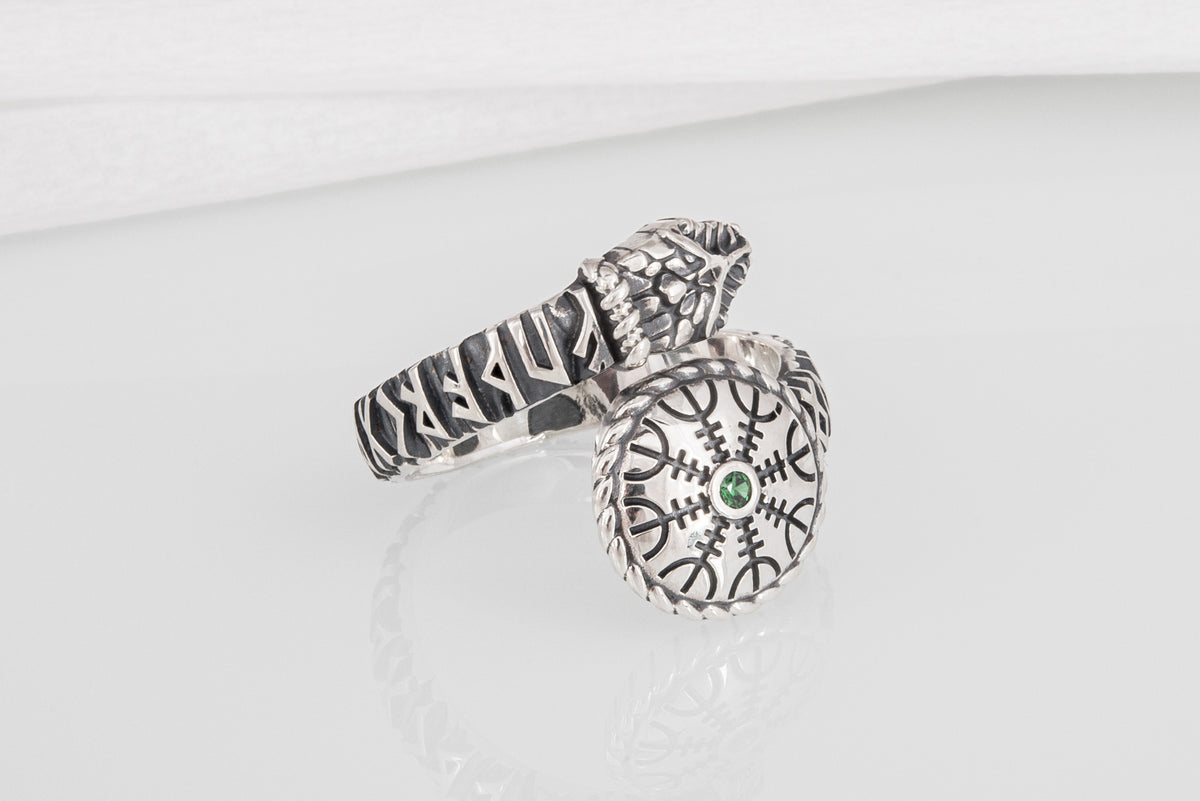 Bague Serpent et Vegvisir pierre verte — Argent 925