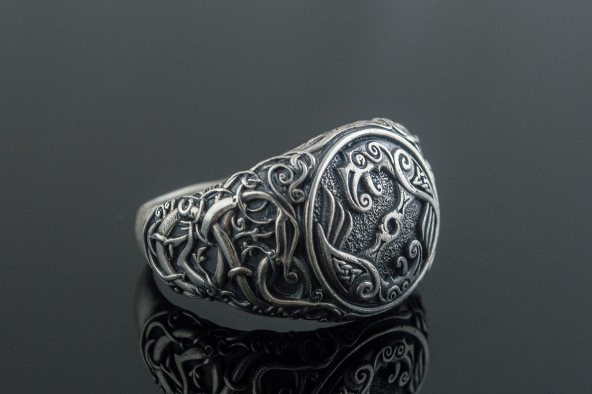 Bague Odin et Corbeau Style Urnes — Argent 925
