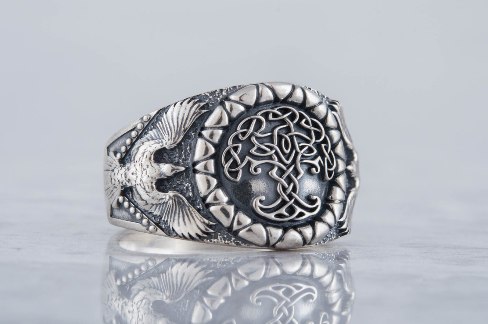 Bague Yggdrasil et Corbeau — Argent 925