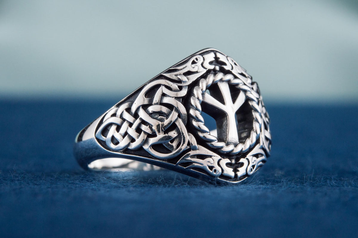Bague Ornement et Algiz Runique — Argent 925