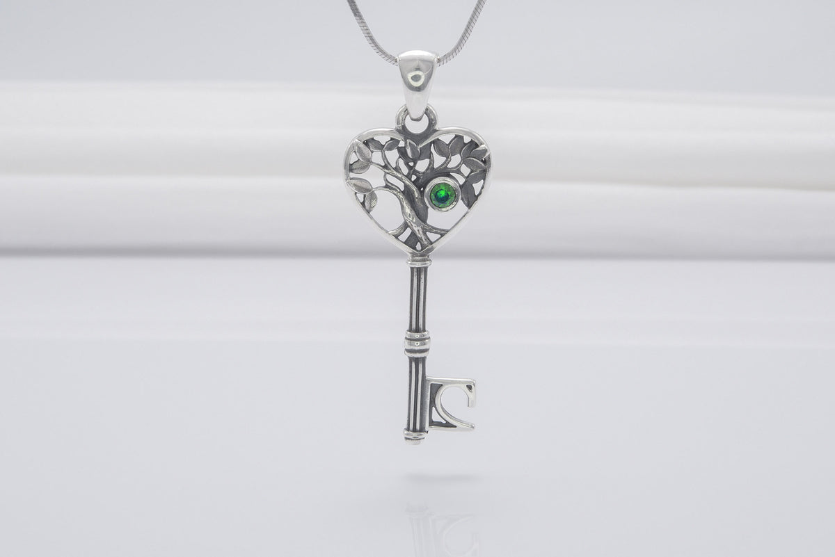Pendentif Yggdrasil et Arbre pierre verte — Argent 925