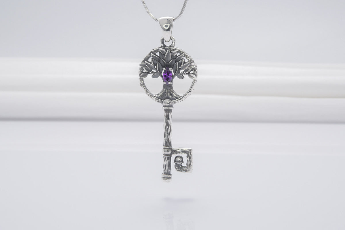 Pendentif Clé et Yggdrasil serti de pierres — Argent 925