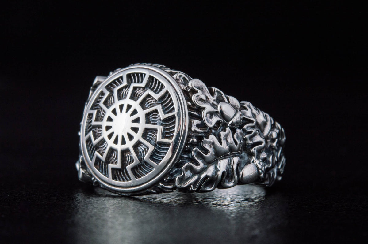 Bague Soleil Noir et Feuilles de Chêne Ivar — Argent 925