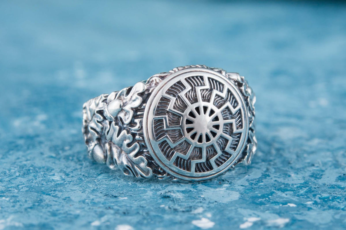 Bague Soleil Noir et Feuilles de Chêne Ivar — Argent 925