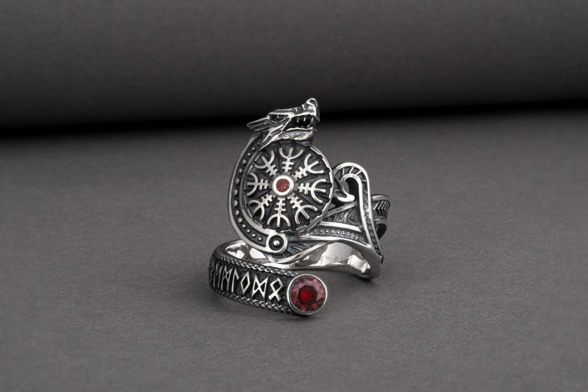 Bague Vegvisir et Loup pierre rouge — Argent 925
