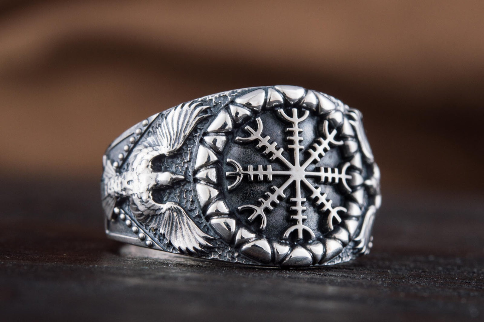 Bague Aegishjalmur et Corbeau — Argent 925
