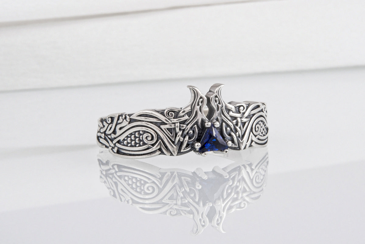 Bague Corbeaux et Ornement pierre bleue — Argent 925