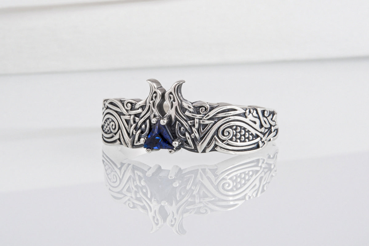 Bague Corbeaux et Ornement pierre bleue — Argent 925