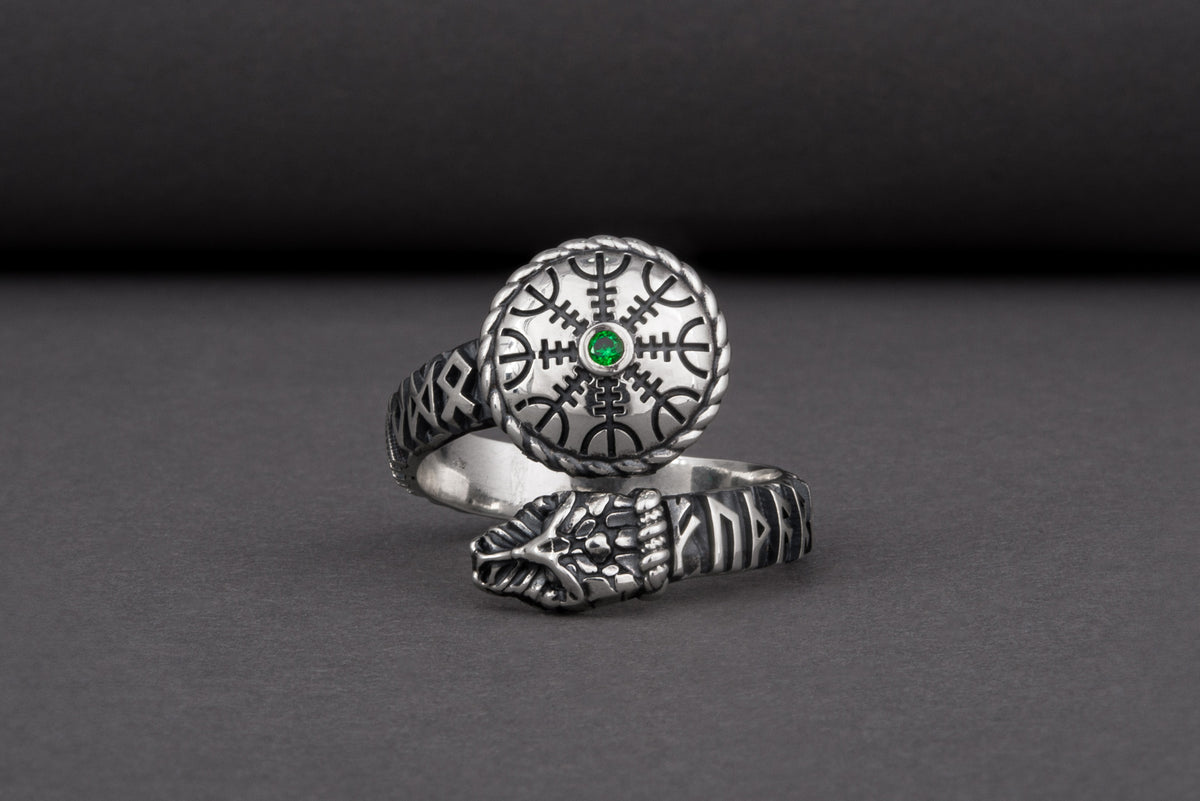Bague Serpent et Vegvisir pierre verte — Argent 925