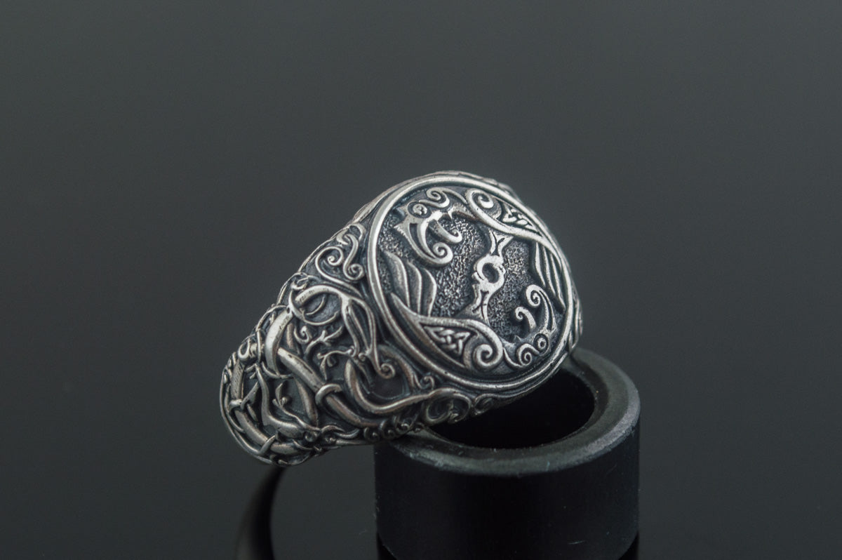 Bague Odin et Corbeau Style Urnes — Argent 925