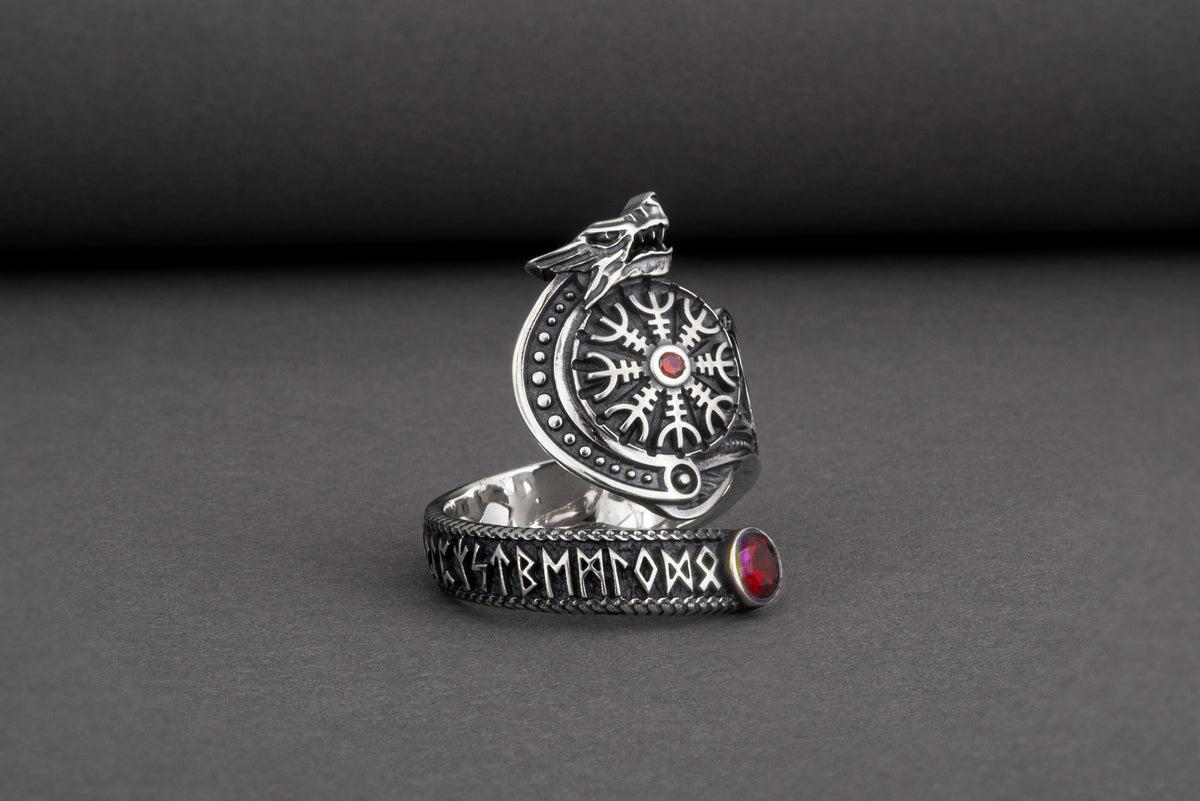 Bague Vegvisir et Loup pierre rouge — Argent 925