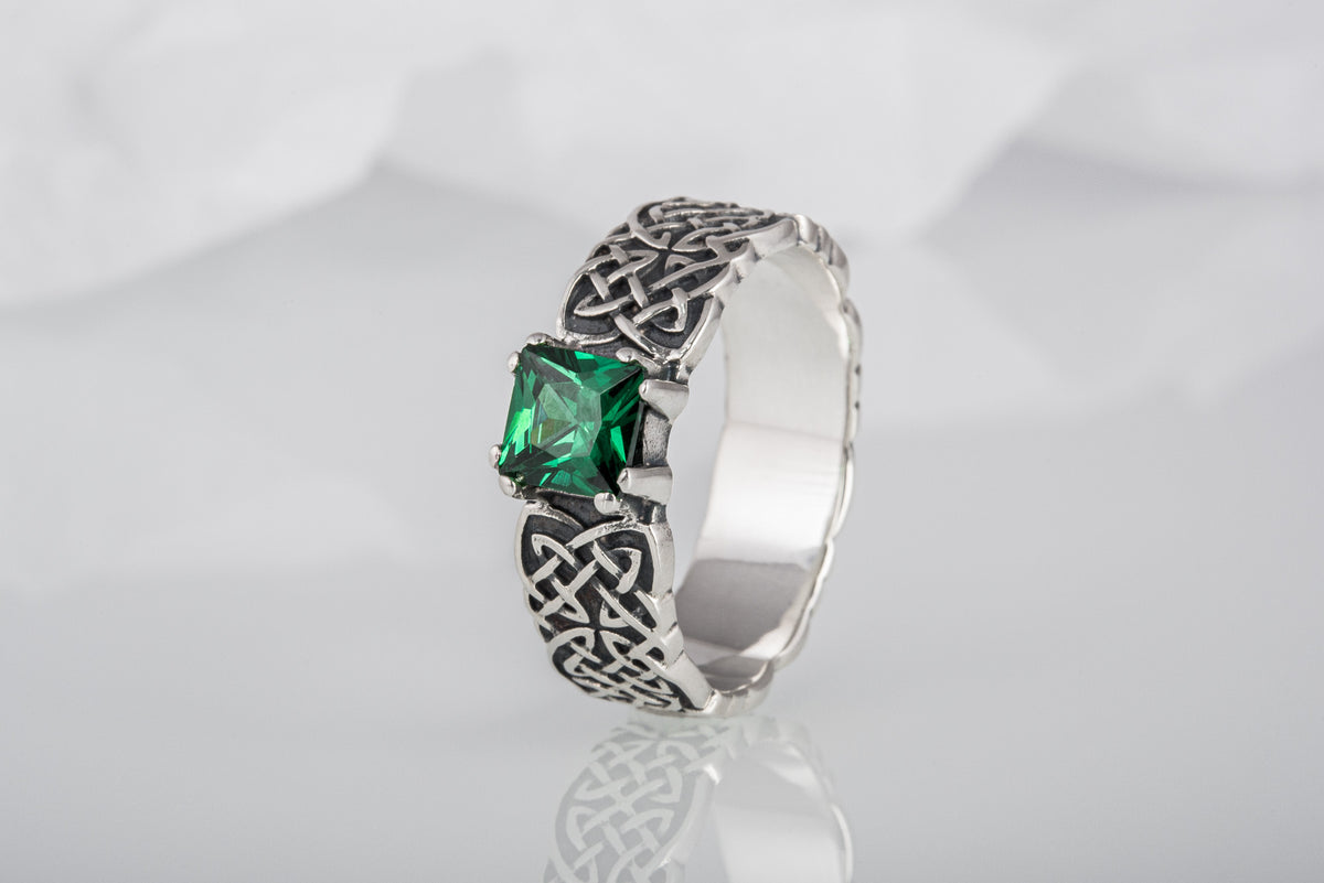 Bague Ornement et Zircon Cubique pierre verte — Argent 925