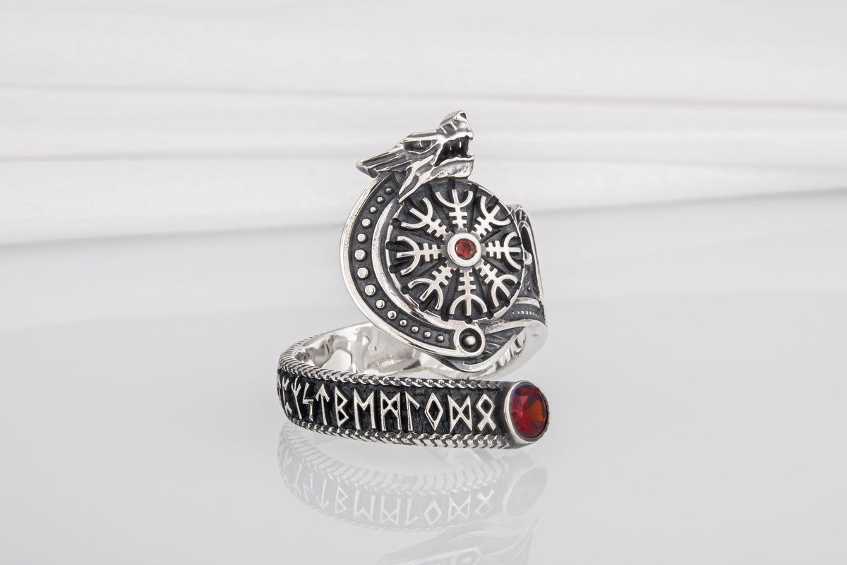 Bague Vegvisir et Loup pierre rouge — Argent 925