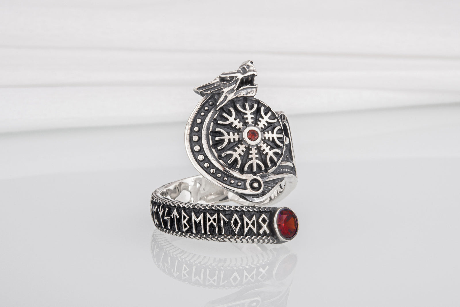 Bague Vegvisir et Loup pierre rouge — Argent 925