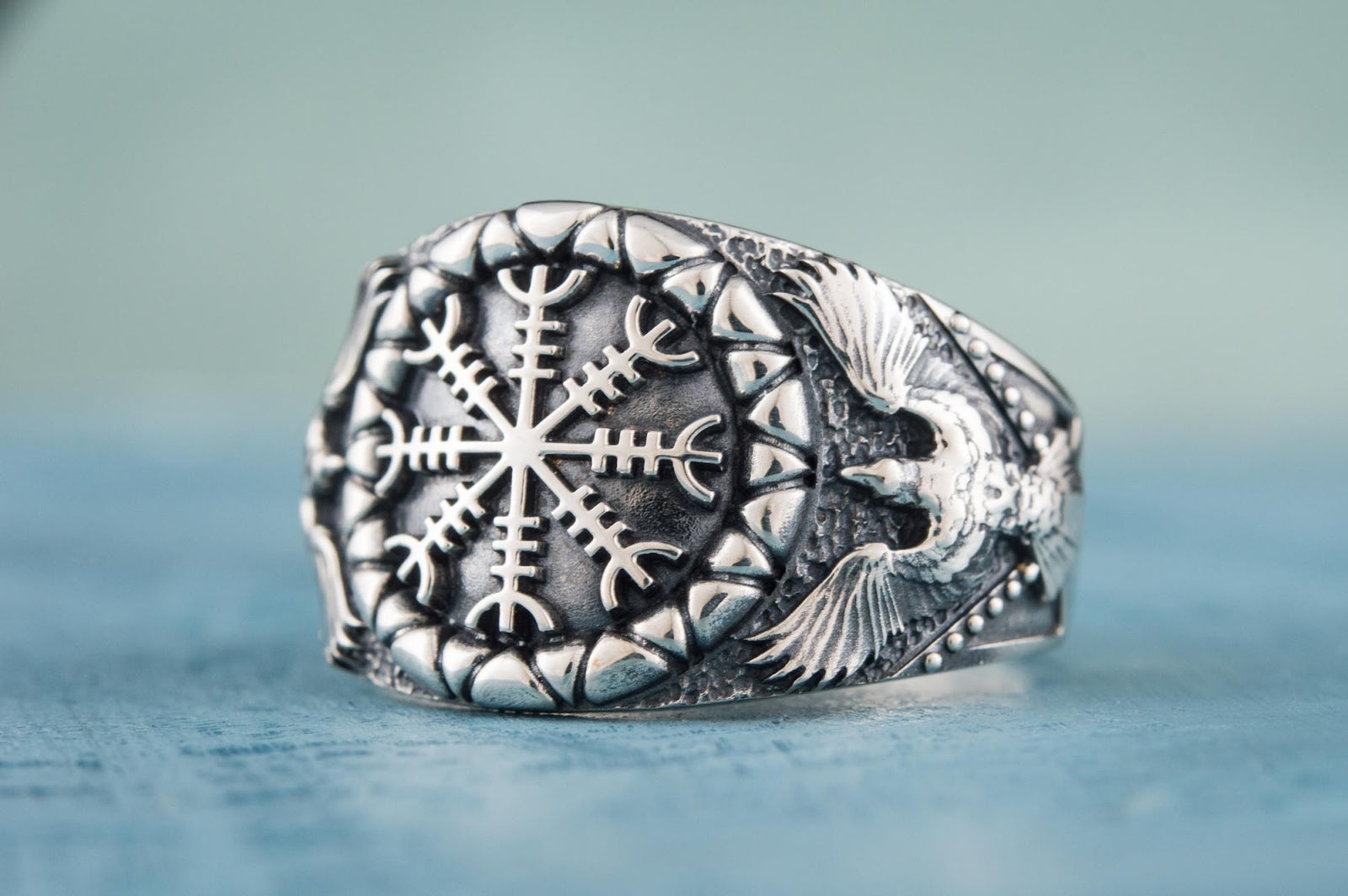 Bague Aegishjalmur et Corbeau — Argent 925