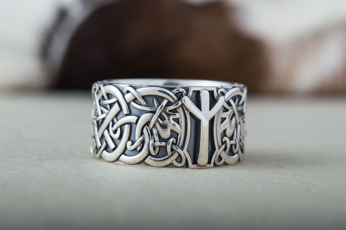 Bague Ornement et Algiz Rune — Argent 925